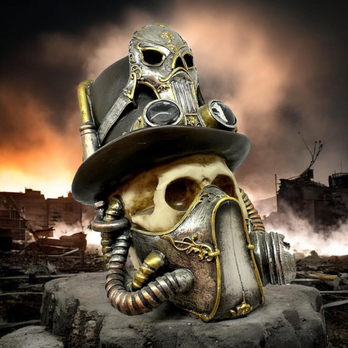 Steampunk Skull with Gas Mask Gothic Figurine Ornament Fantasy Apocalypse Statue