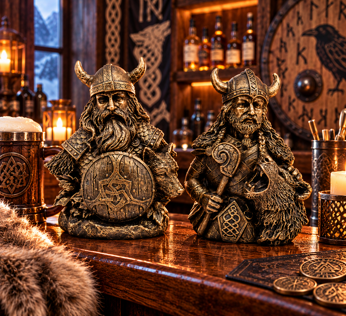 Pair Viking Warrior Wolf Bust Statues Norse Mythology Nordic Figurines 13cm
