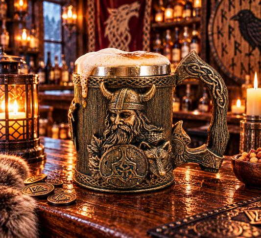 Viking Beer Tankard Warrior Wolf Shield Norse Nordic Medieval Fantasy Mug Gift