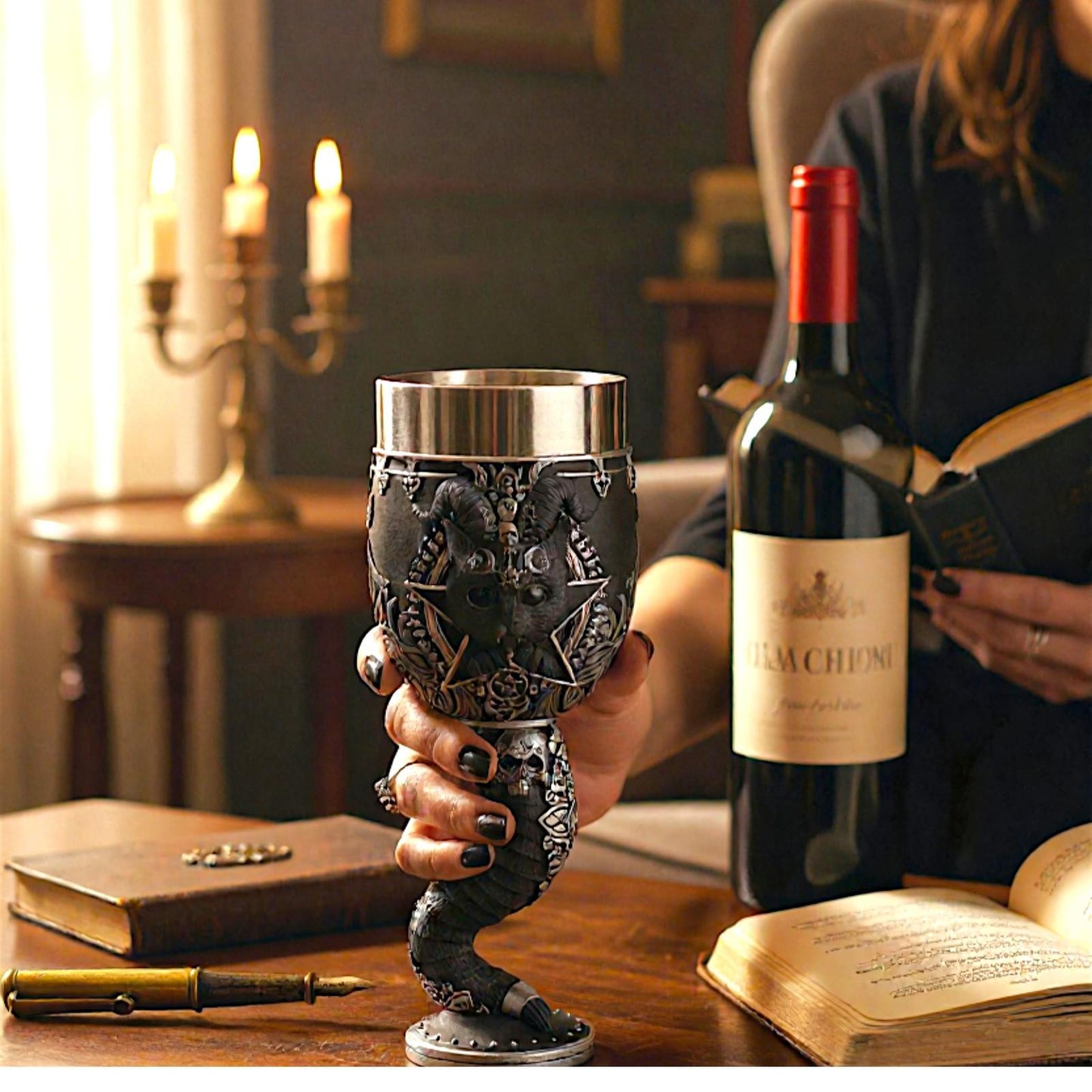 Pawzuph Occult Goblet Gothic Cat Chalice Pentagram Cup Pagan Altar Drinkware