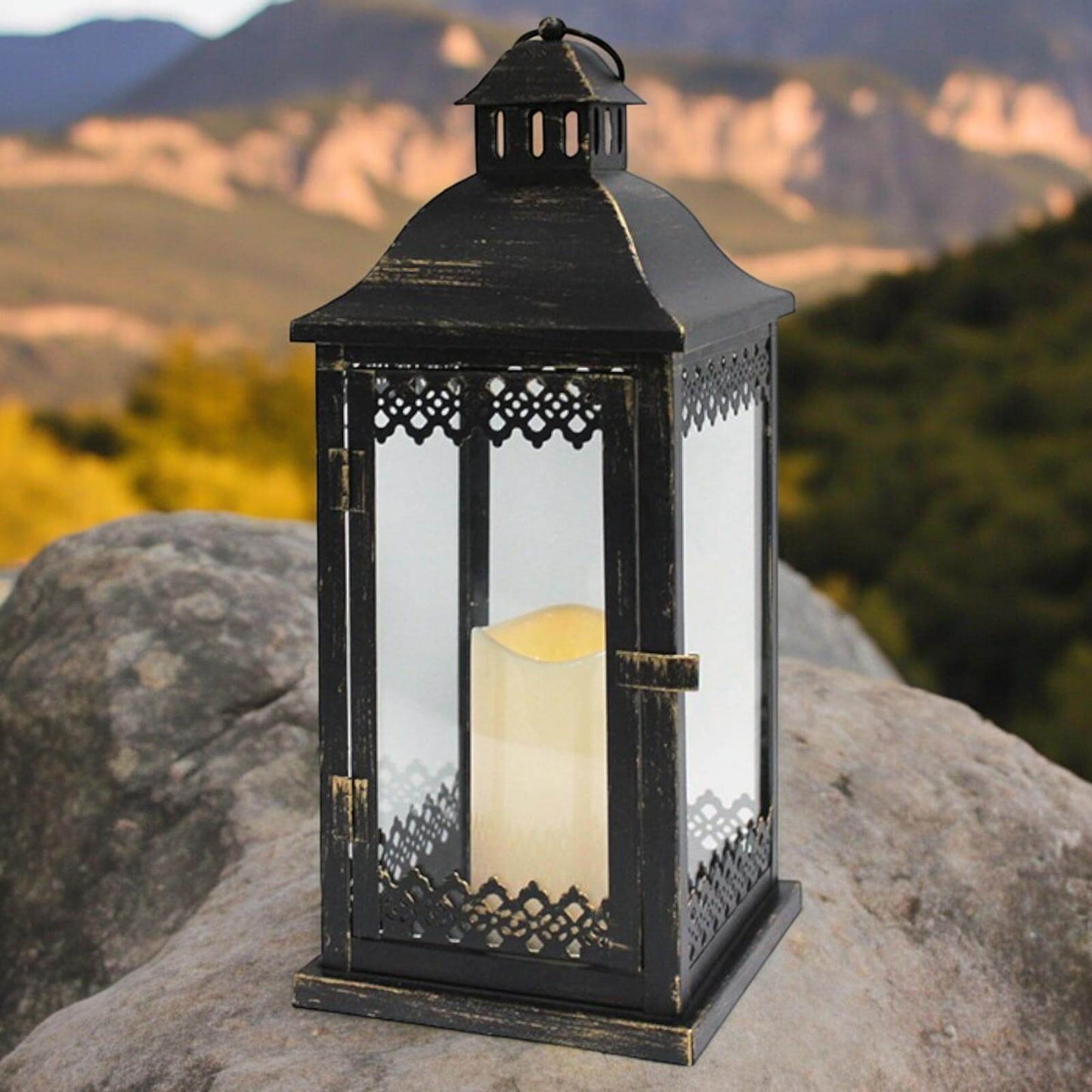 Elegant Metal and Glass Outdoor Lantern with Fixed LED Candle and Timer - 40 CM - Batteries Included-Osiris Craftworks