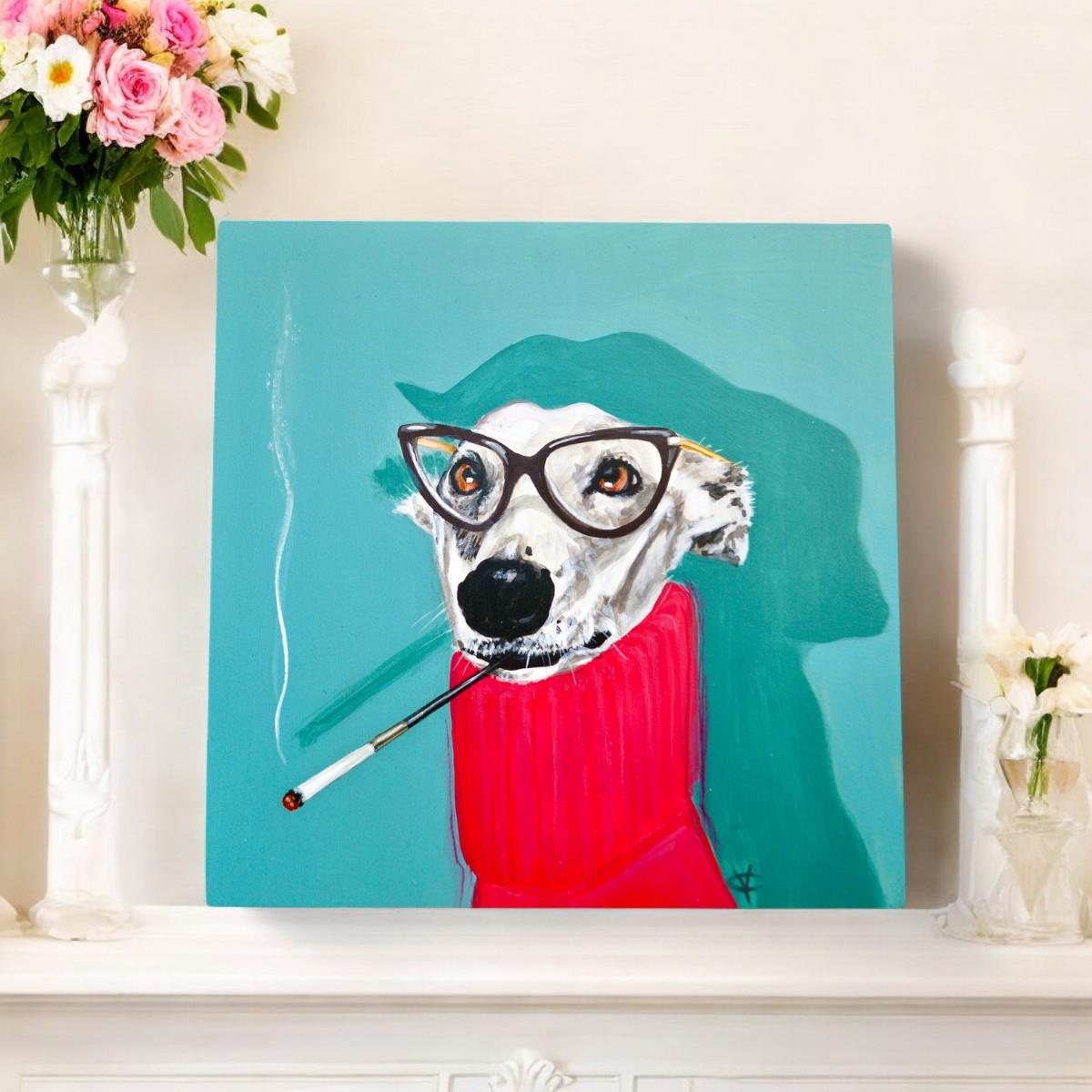 Delores Whippet Dog Ceramic Art Tile 20x20cm by Victoria Coleman - Quirky Wall Decor, Ready to Hang, Unique Dog Lover Gift, Handmade Ceramic Tile Art"-Osiris Craftworks