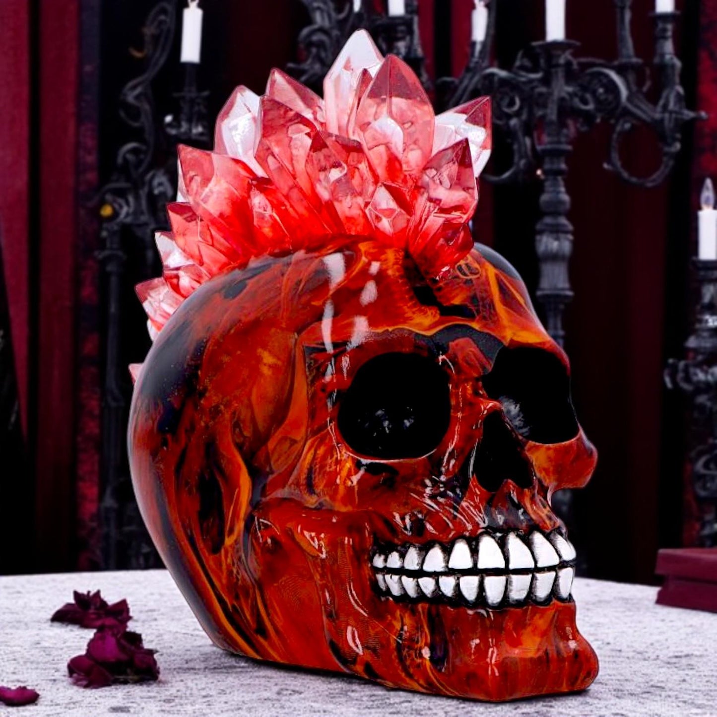 Red Crystal LED Skull with Mohawk Gothic Punk Statue Horror Fantasy Figurine Art