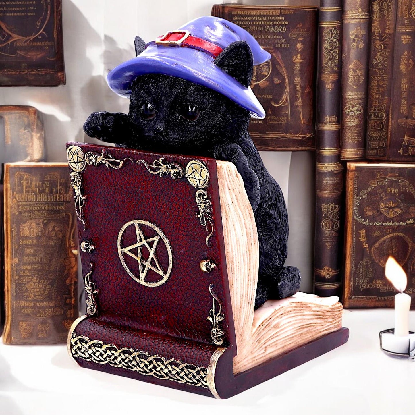 Mystical Witch Cat Bookend Figurine Gothic Spell Book Pagan Fantasy Ornament Decor