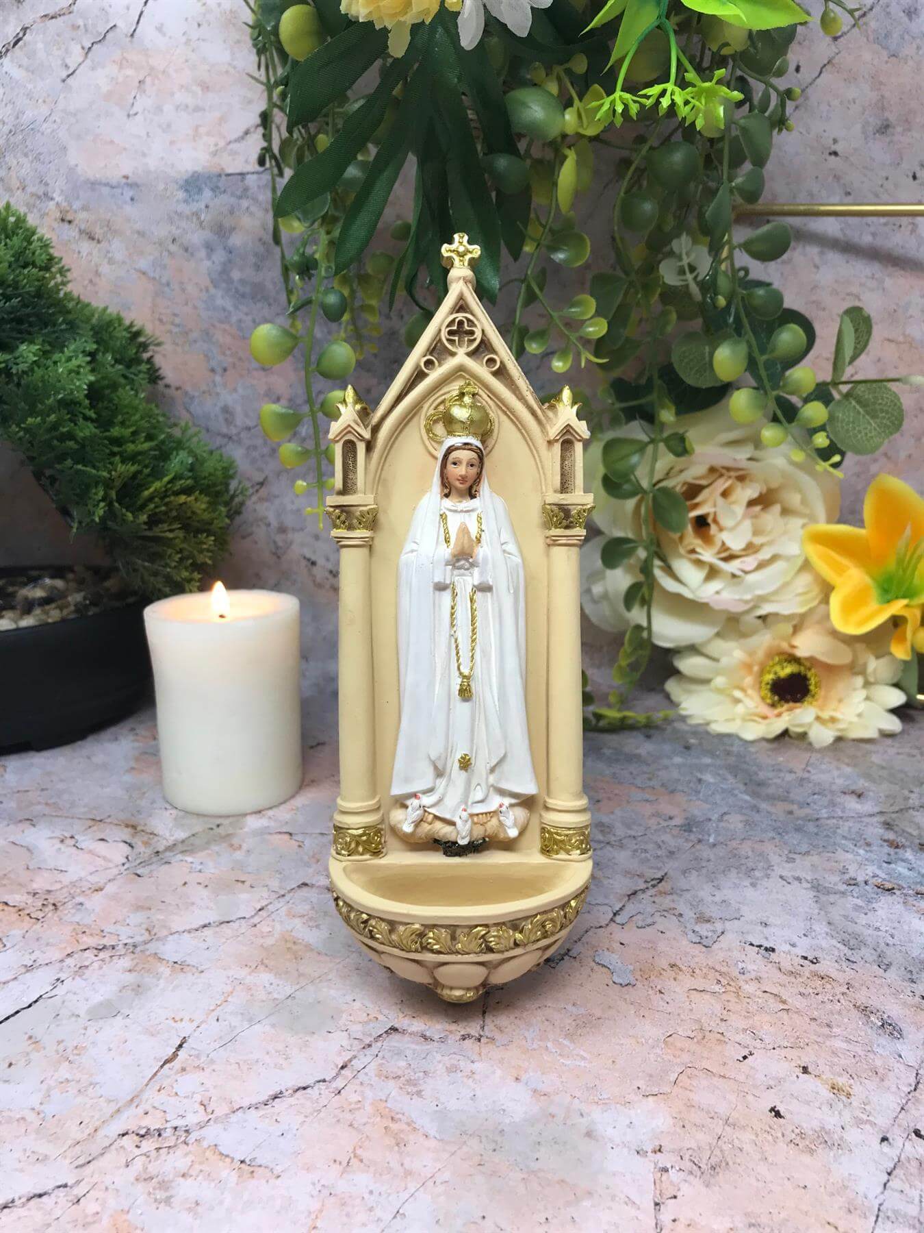 Blessed Virgin Mary Our Lady of Fatima Water Font Wall Plaque Statue Ornament Figurine for Home or Chapel