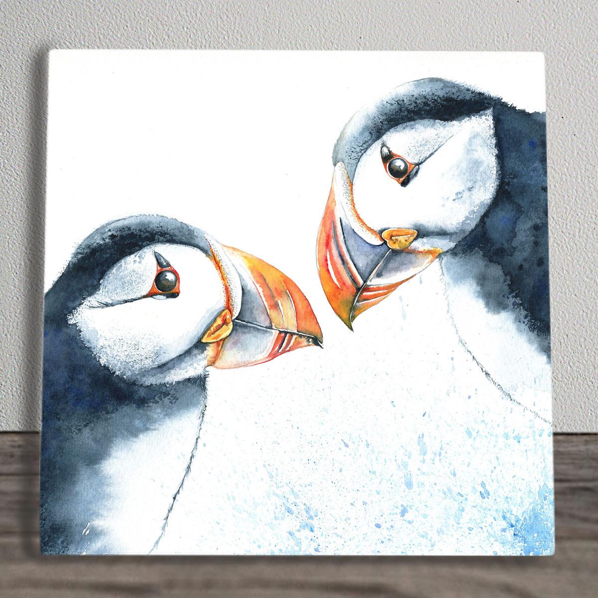 Puffins Ceramic Art Tile by Val Goldfinch 20x20 cm | Wall Art Decor | Ready to Hang | Unique Gift in Box