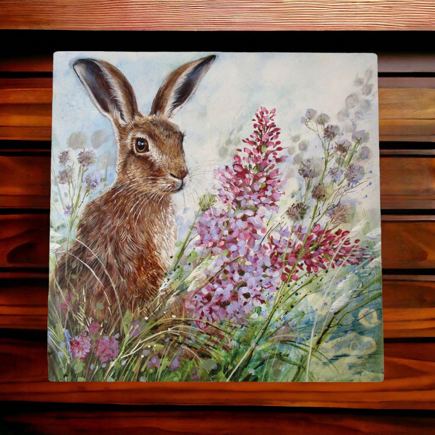 Judith Yates Lilac Hare Ceramic Art Tile 20x20cm Wall Hanging Home Decor Gift-Osiris Craftworks