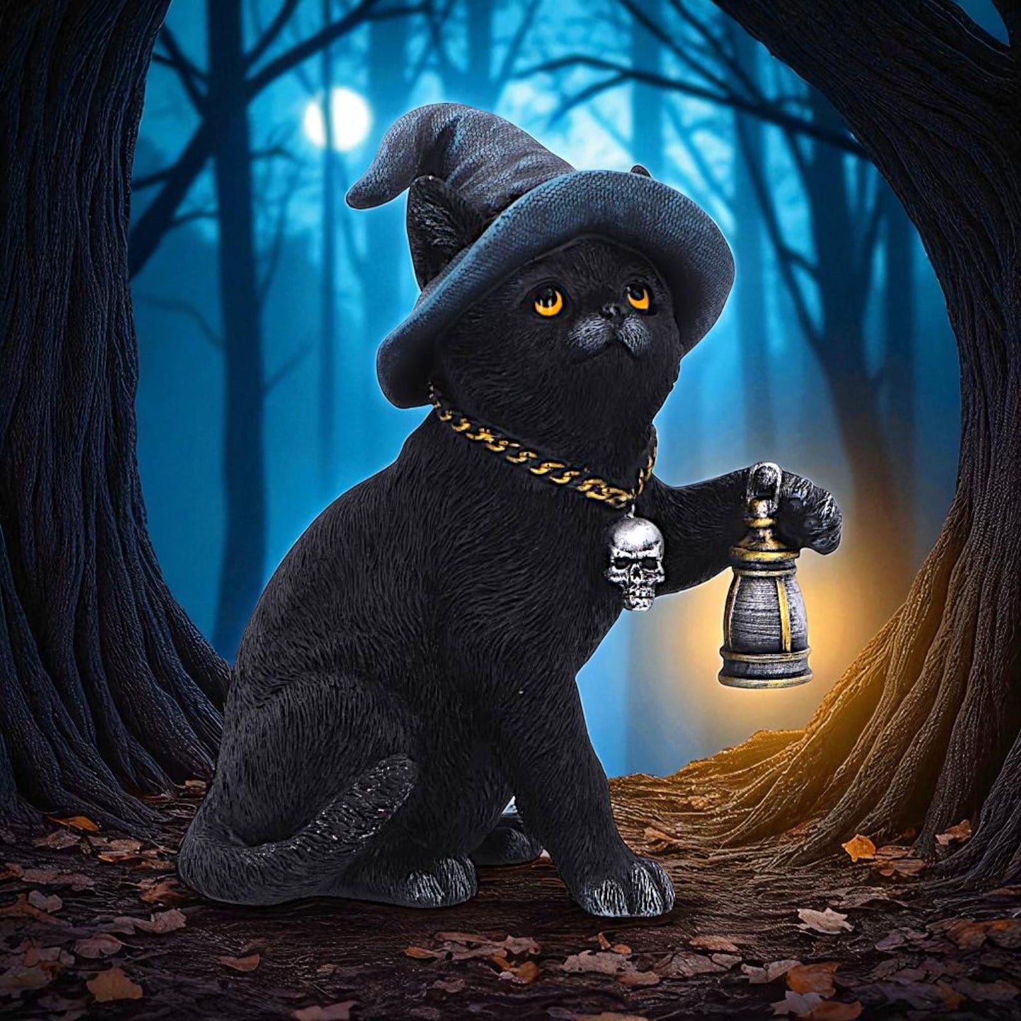 Fantasy Witch Cat Figurine Gothic Cat Familiar Lantern & Skull Necklace Statue