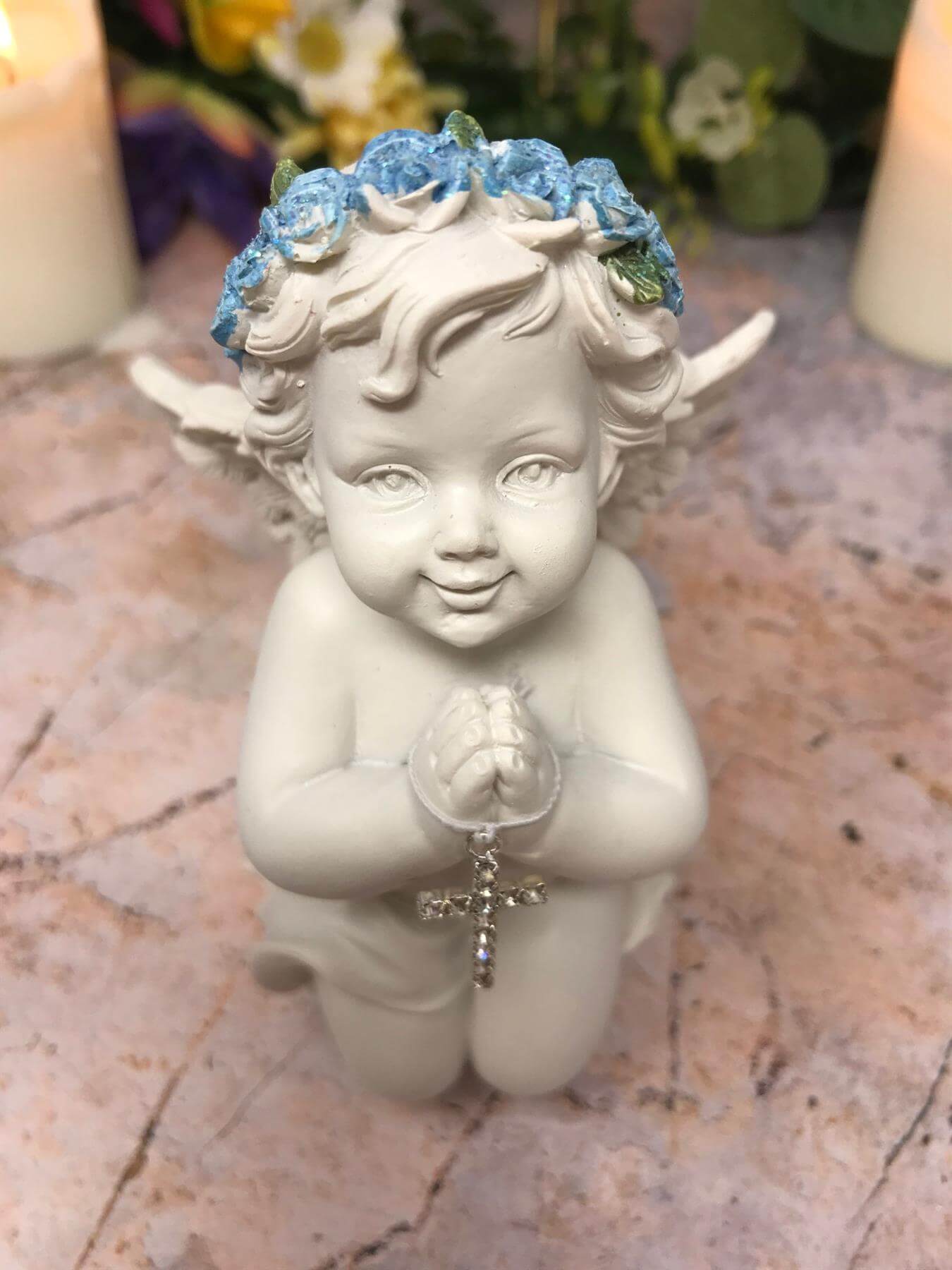 Praying Cherub Angel Figurine | 7.8cm Resin Religious Decor | Baby Angel with Cross