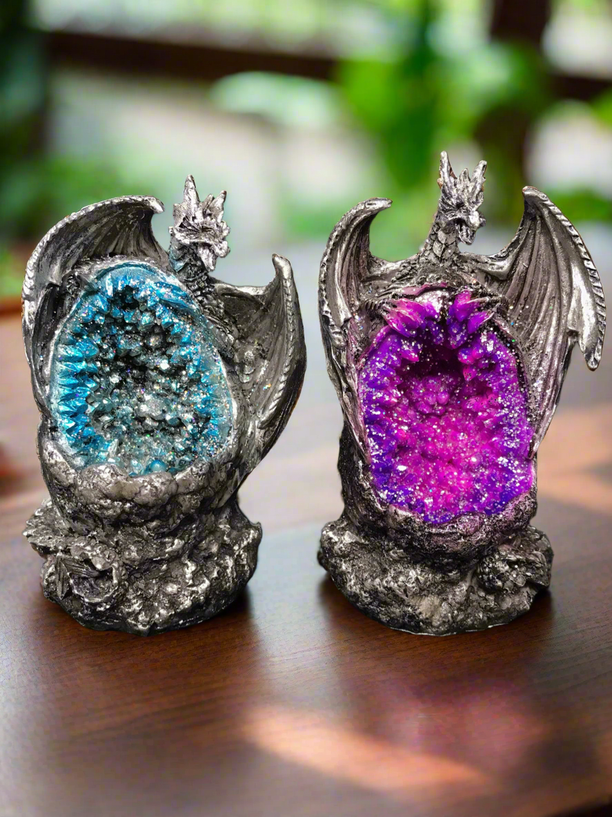 Enchanted Geode Dragon Duo LED Light Statues, Mystical Crystal Guardians Figurines, Fantasy Sculptures, Magical Decor, Fantasy Lovers Gift