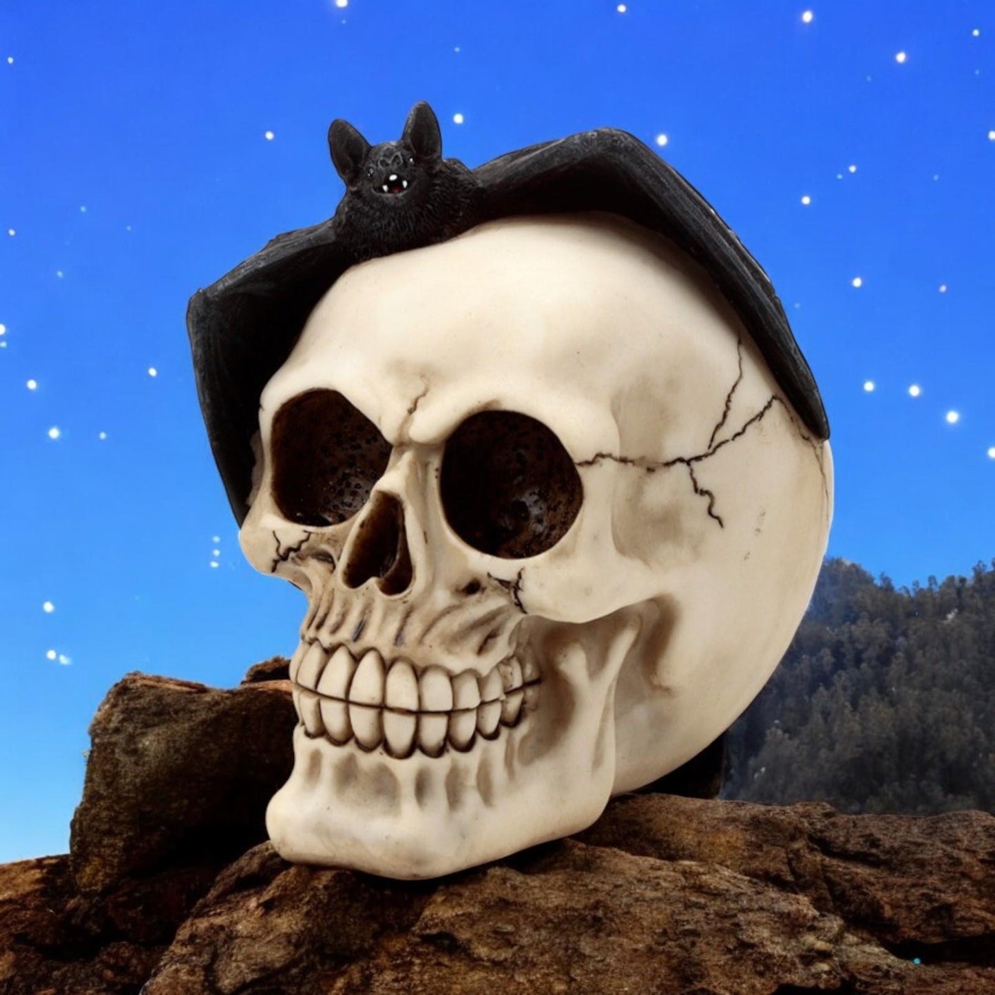 Gothic Skull and Bat Figurine Halloween Decor Dark Fantasy Occult Ornament