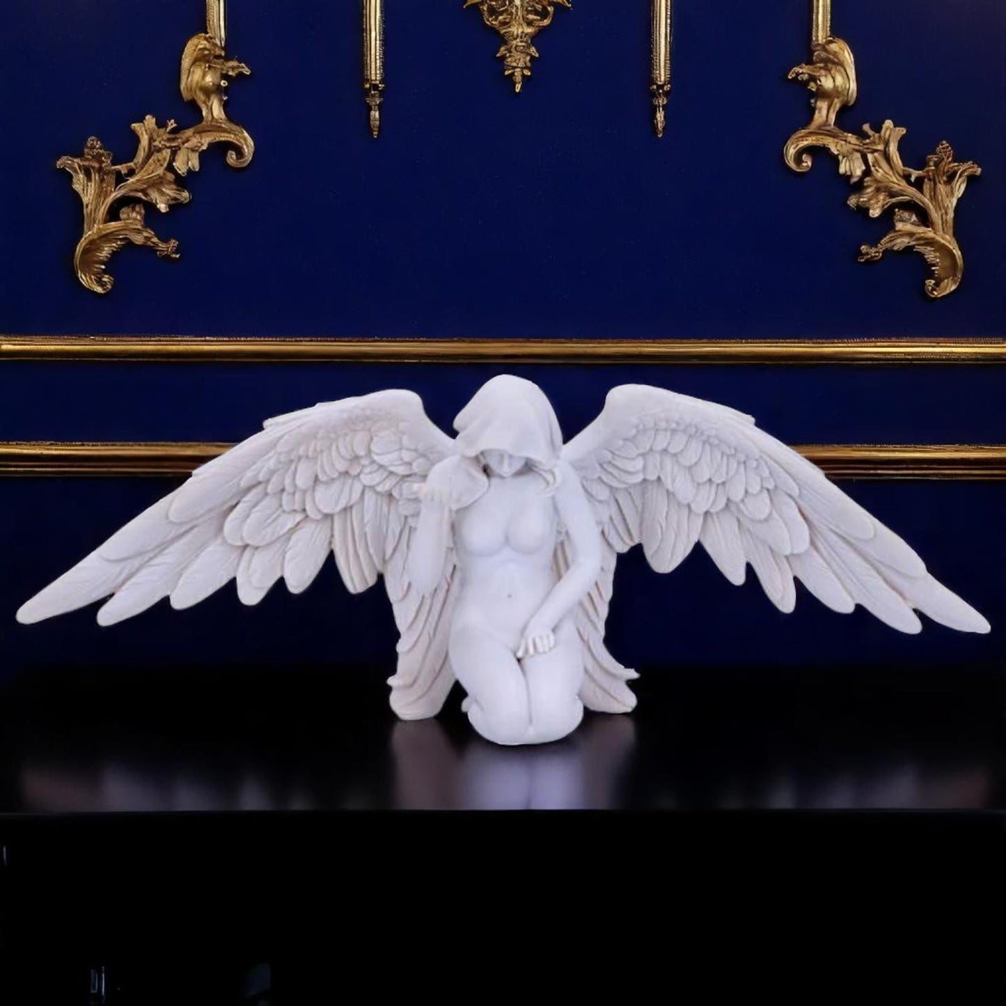 Elegant Kneeling Caped Fallen Gothic Angel Spiritual Fantasy Figurine Peace Decor
