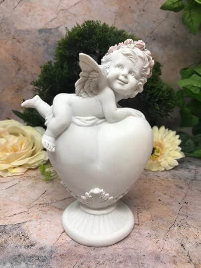 Guardian Angel Figurine Cherub on Heart Statue Ornament Sculpture Gift