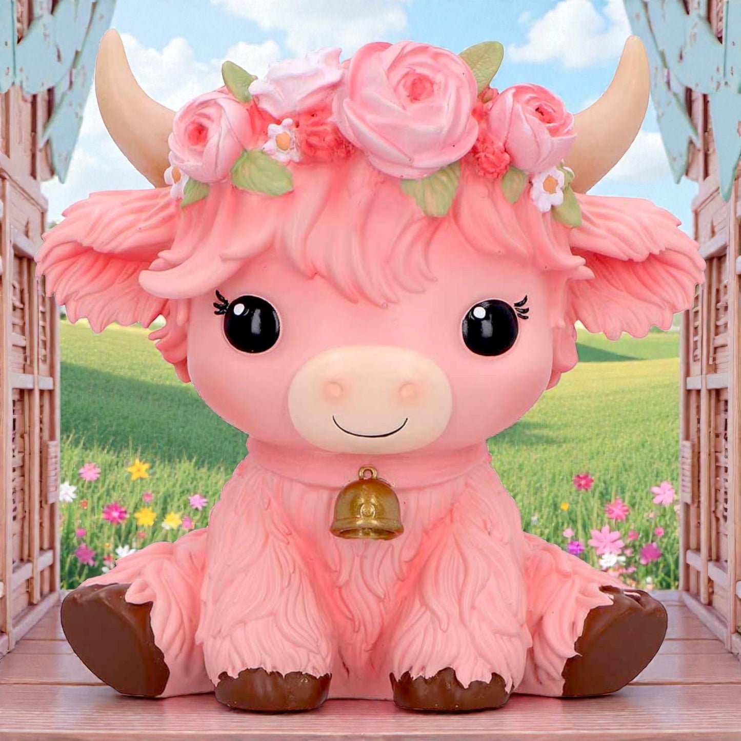 Moo Crew Primrose Pink Flower Cow Figurine Cute Farmhouse Ornament Decor