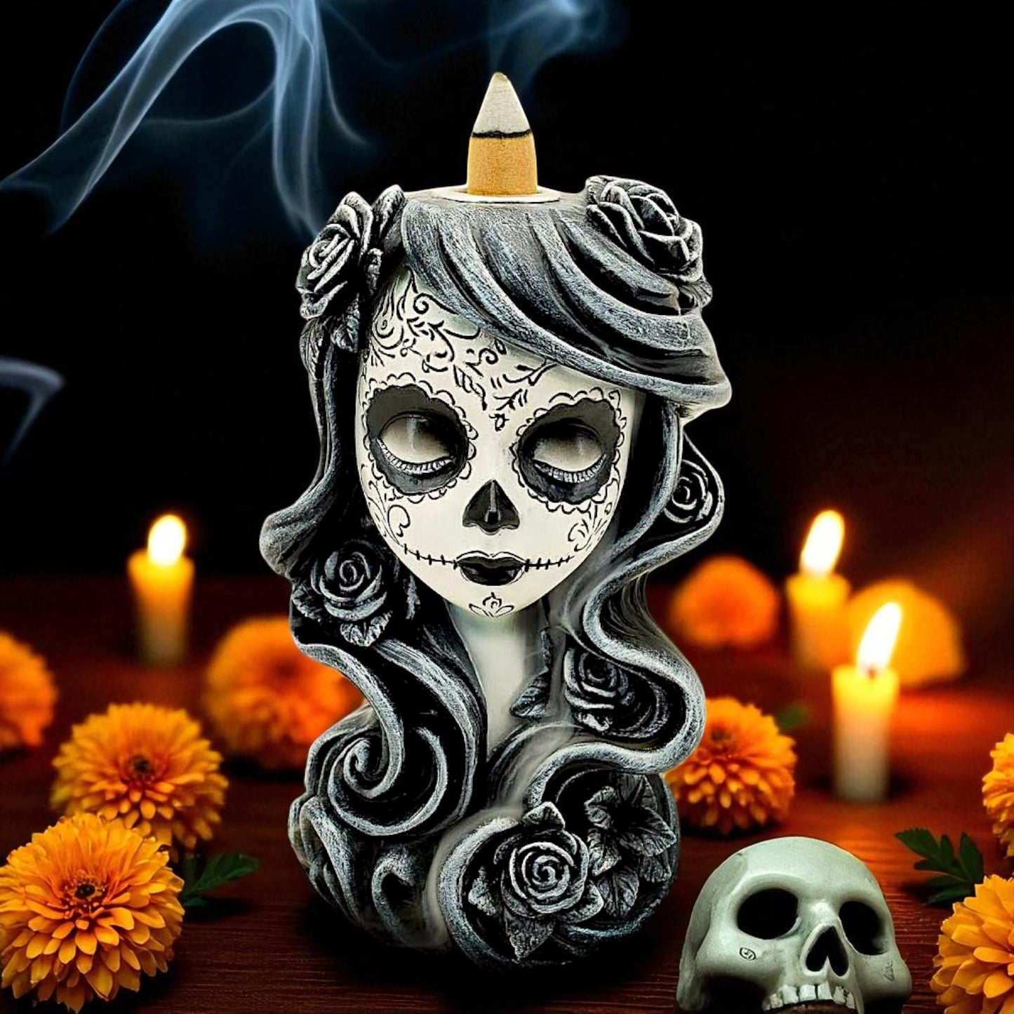 Gothic Backflow Incense Burner Day of the Dead Lady Skull Holder Halloween Art