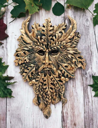 Antique Style Resin Green Man Wall Plaque Mythical Forest Deity Garden Decor, Enchanting Nature Spirit Face, Outdoor Artwork-Osiris Craftworks