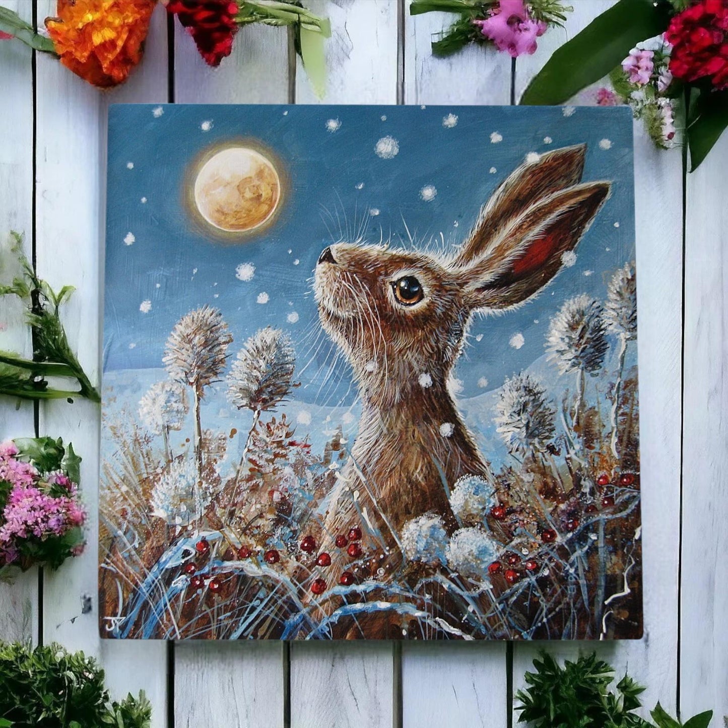 Judith Yates - Snow Flurry Hare Ceramic Wall Art Tile 20x20 cm - Stunning Winter Wildlife Decor