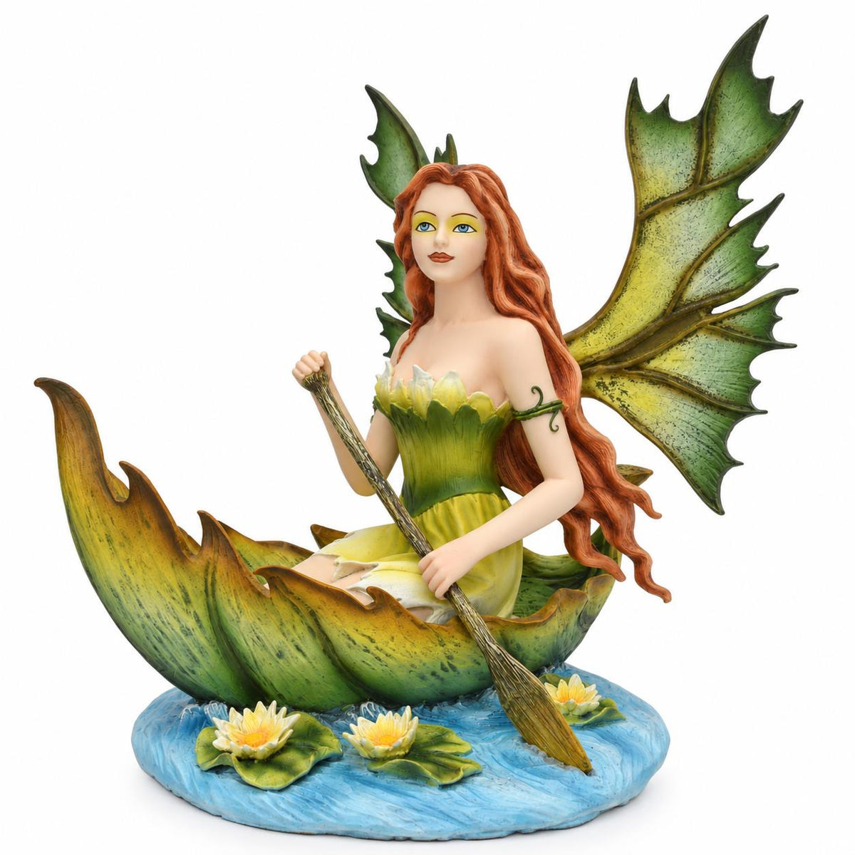 Fairy in Leaf Boat Ornament Flower Water Lily Woodland Fantasy Figurine 20.5cm