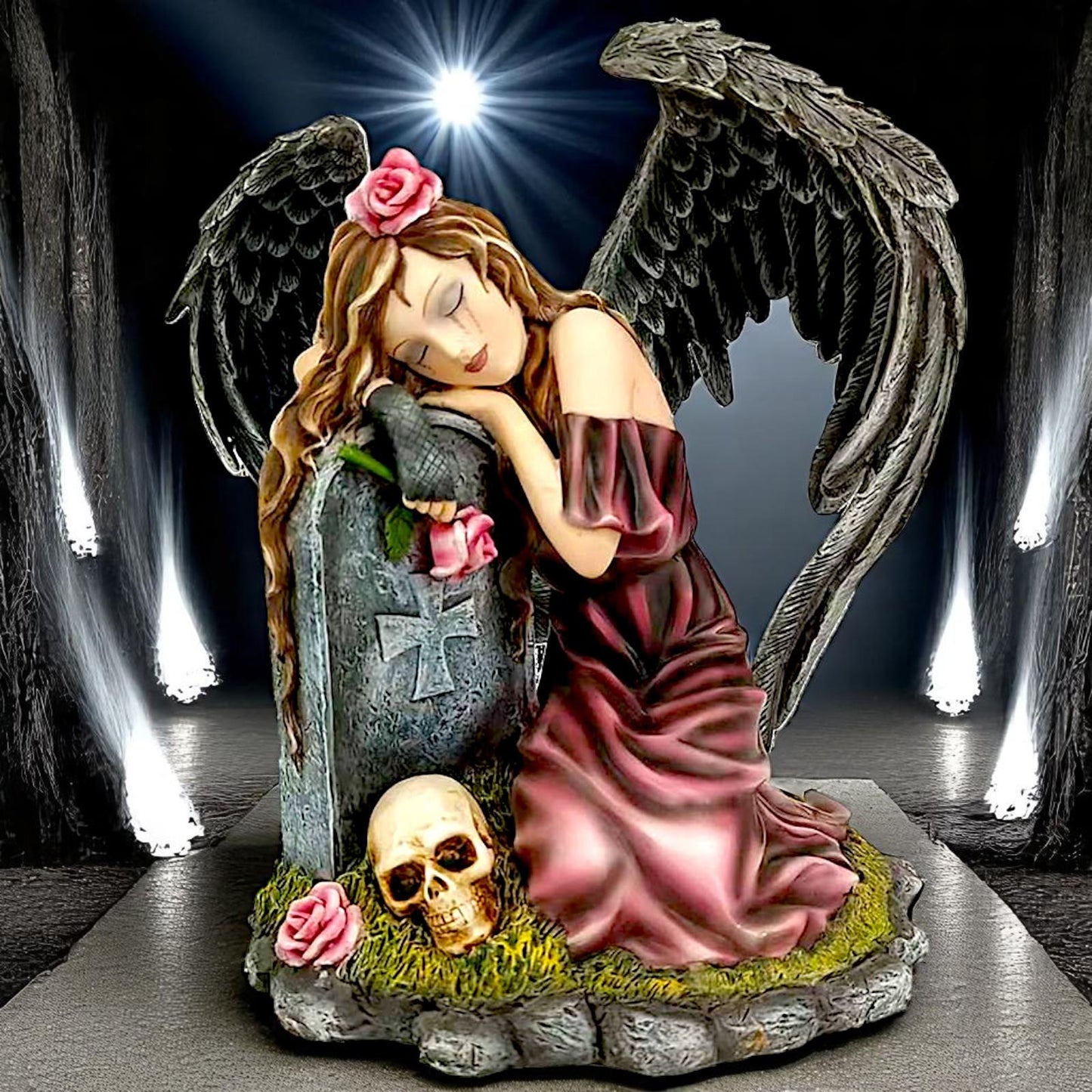 Gothic Mourning Angel + Gravestone Remembrance Statue Fantasy Love Figurine