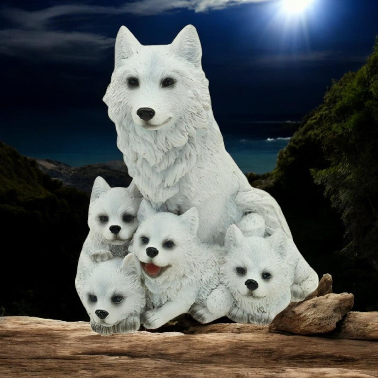 White Wolf & Pups Resin Figurine 12cm – Adorable Family Pack Statue for Wildlife Lovers