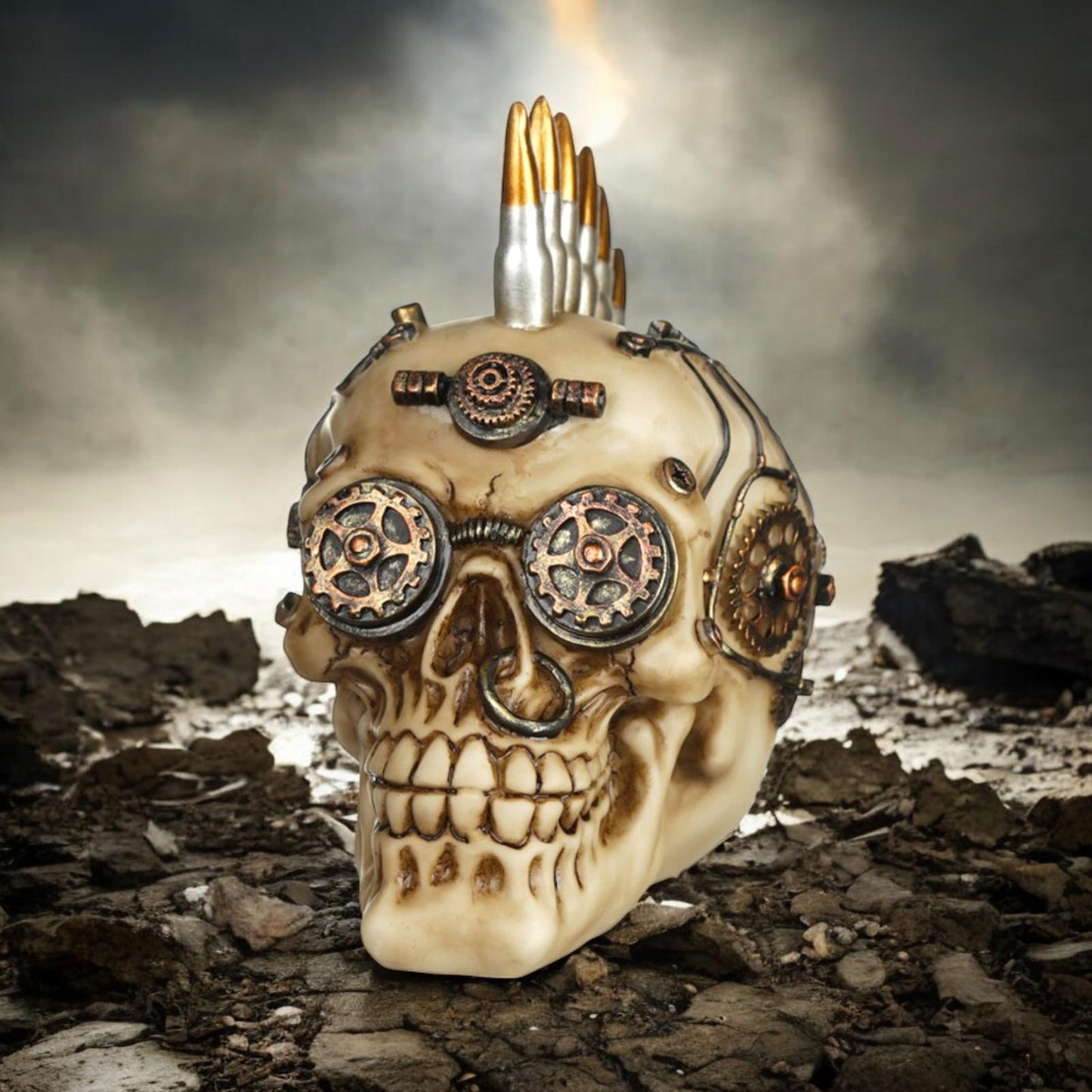 Steampunk Skull Ornament with Bullet Mohawk Gothic Fantasy Figurine Statue Decor