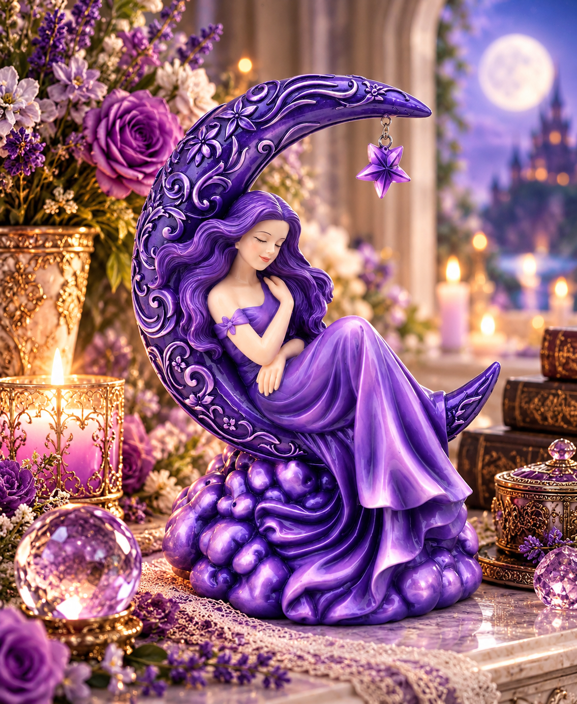 Purple Fairy Crescent Moon Figurine Fantasy Celestial Ornament Gothic Decor 17.8cm