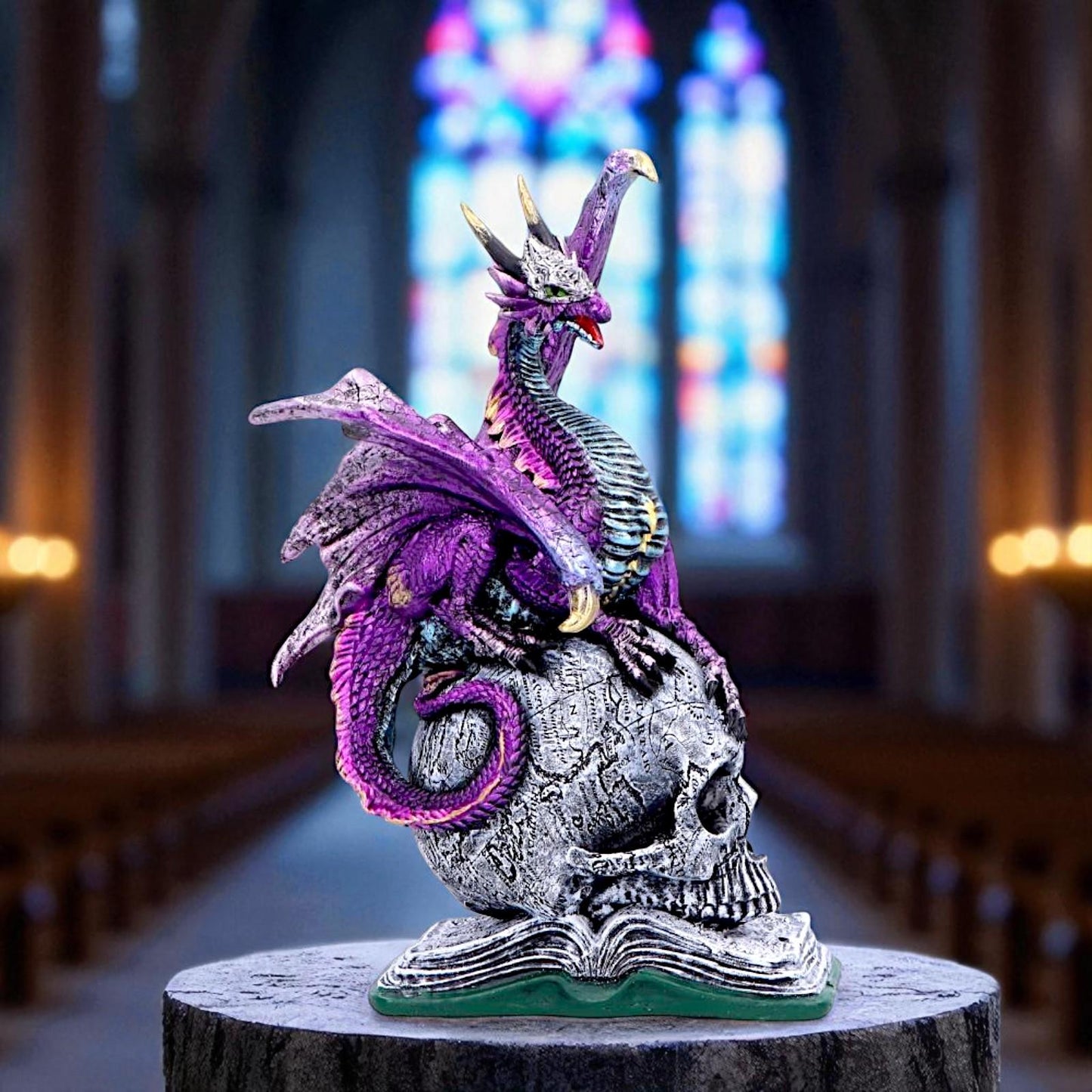 Mystical Dragon on Skull And Book Statue Gothic Decor Fantasy Figurine Ornament