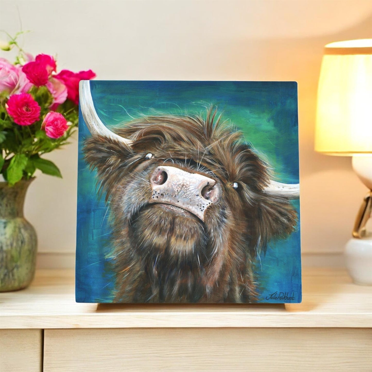 Flora Highland Cow Ceramic Art Tile by Pankhurst Gallery 20x20 cm Ready to Hang