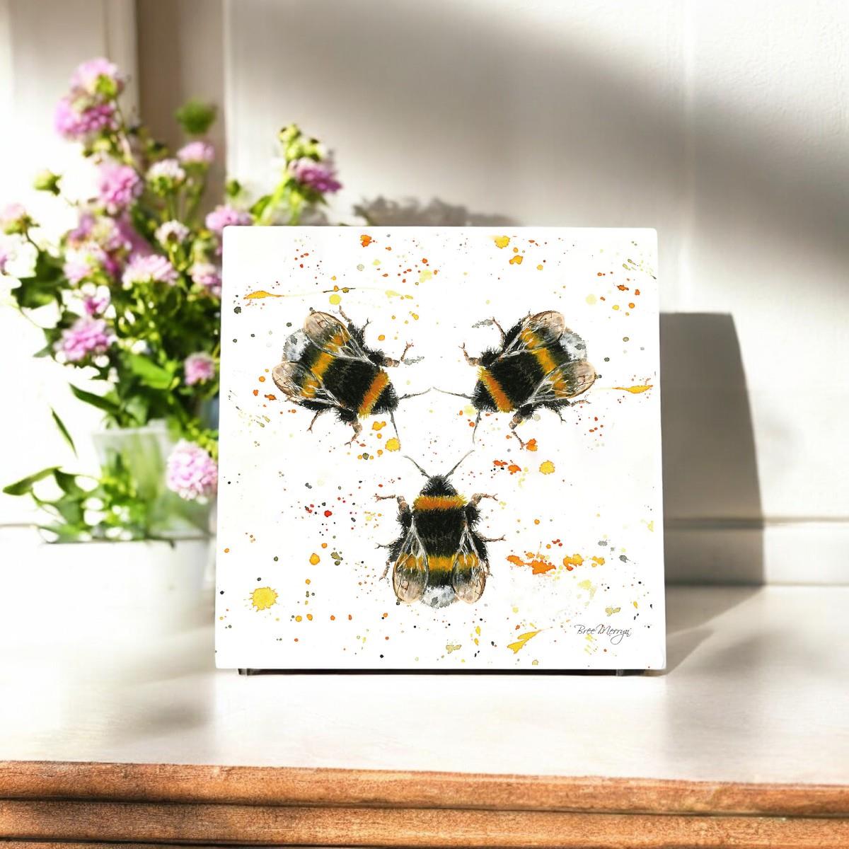 Three Bees Wall Art Tile by Bree Merryn – Handcrafted 20x20cm Ceramic Hanging Decor | Bumblebee Wildlife Illustration | Nature-Inspired Artwork | Perfect for Home, Office, or Gift"