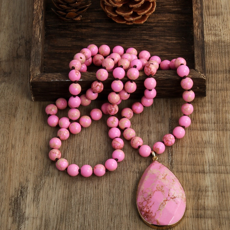 Bohemian Style 8mm Beaded Necklace Cut King Stone Water Drop