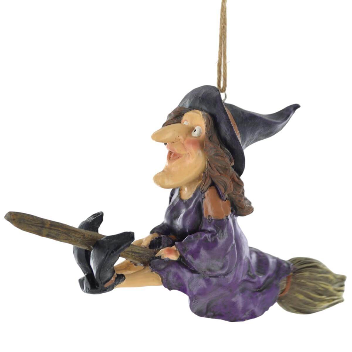 Charming Resin Witch on Broomstick Figurine - Spooky Halloween Decor - 27cm Hanging Witch Statue