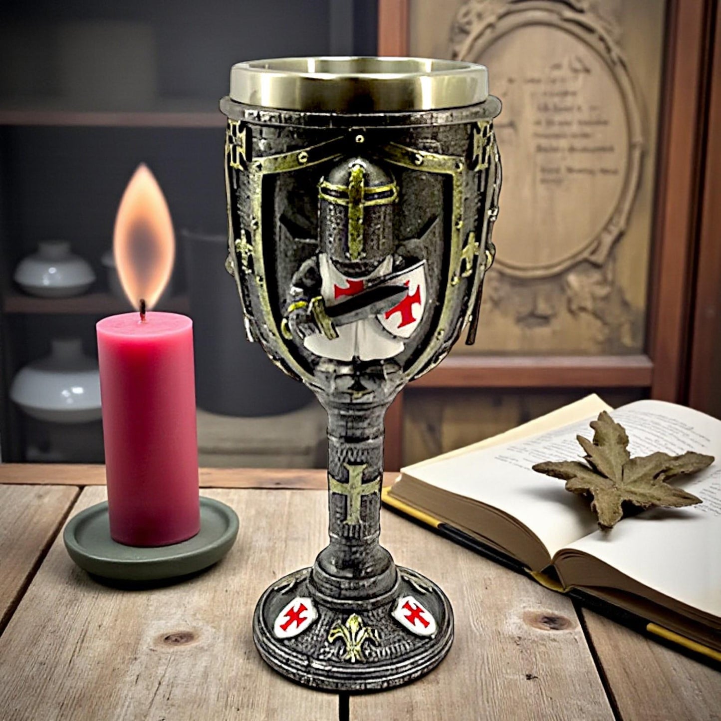 Medieval Knight Goblet with Shield and Sword Crusader Chalice Resin Fantasy Gift