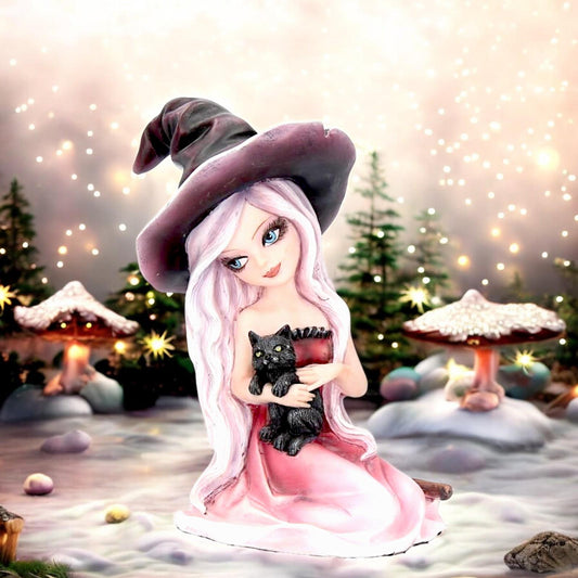 Rosa 15cm Witch Figurine with Black Cat | Cute Handcrafted Resin Ornament