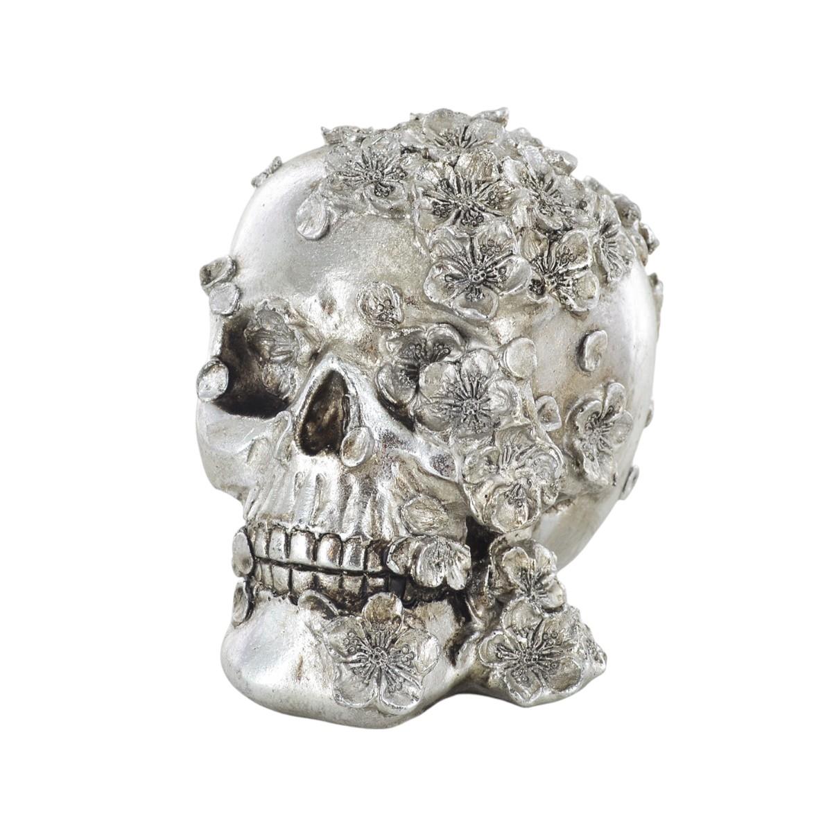 Gothic Silver Skull with Floral Embellishments, Resin Statue 16 x 12.5 cm - Unique Gothic Decor