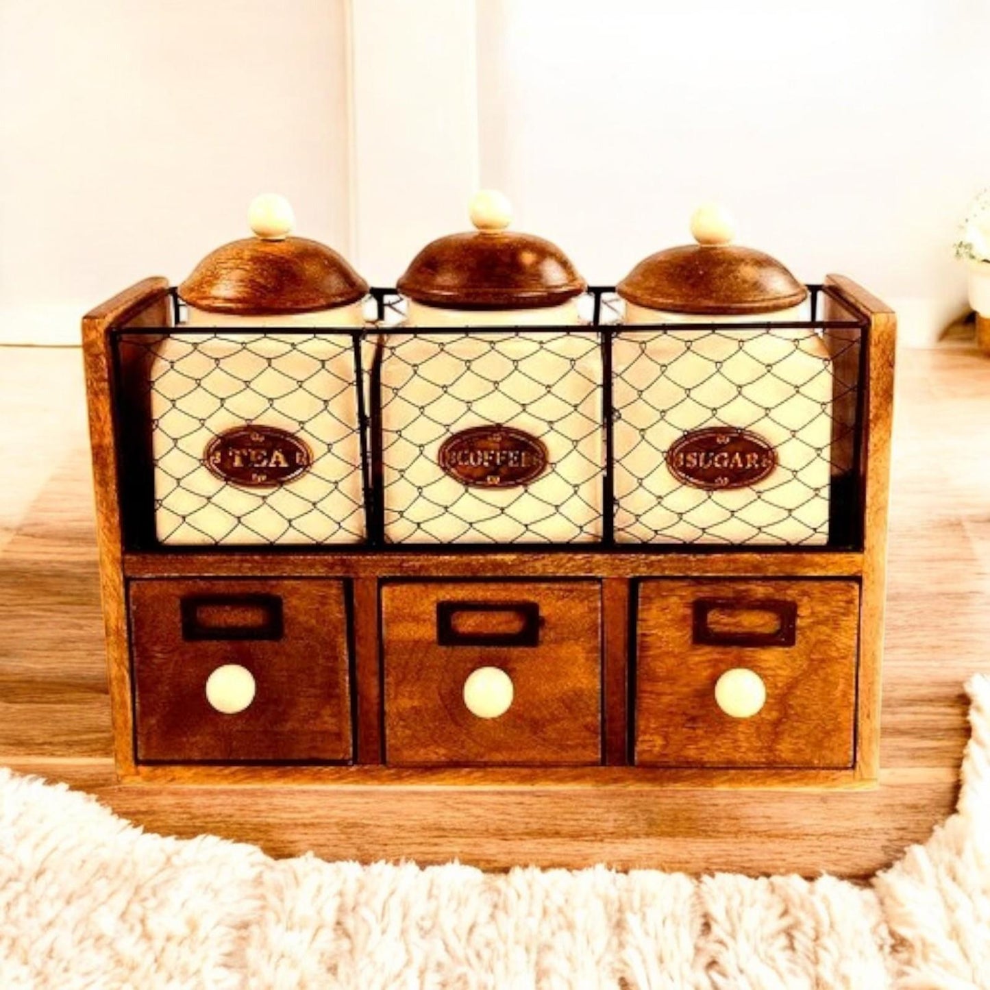 Rustic Wooden Tea Coffee Sugar Storage Rack with Ceramic Jars and Drawers - Wall Mountable