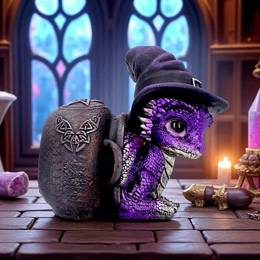 Whimsical Baby Dragon in Cauldron Gothic Witchcraft Fantasy Figurine Collectible