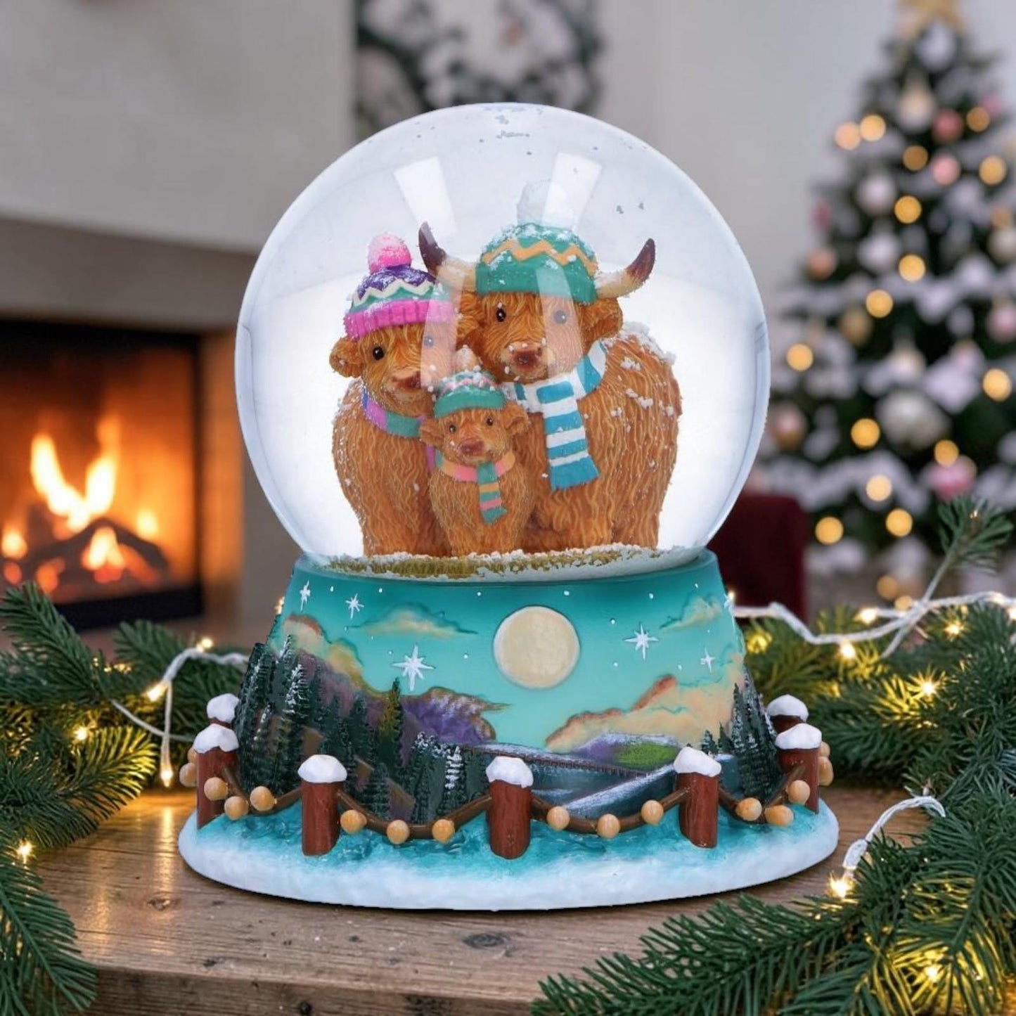 Highland Cow Snow Globe Christmas Winter Scottish Cattle Family Ornament