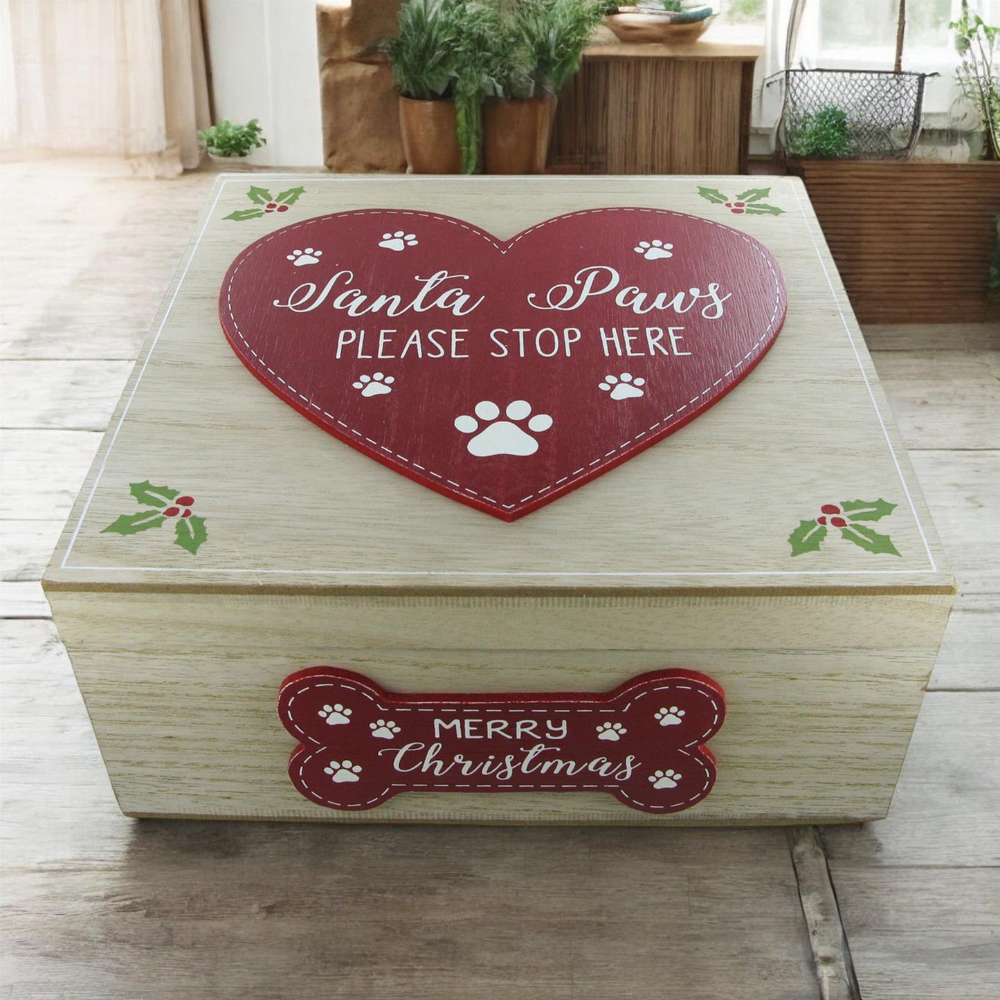 Santa Paws Christmas Dog Treat Storage Box | Wooden Pet Treat Container Festive Dog Lovers