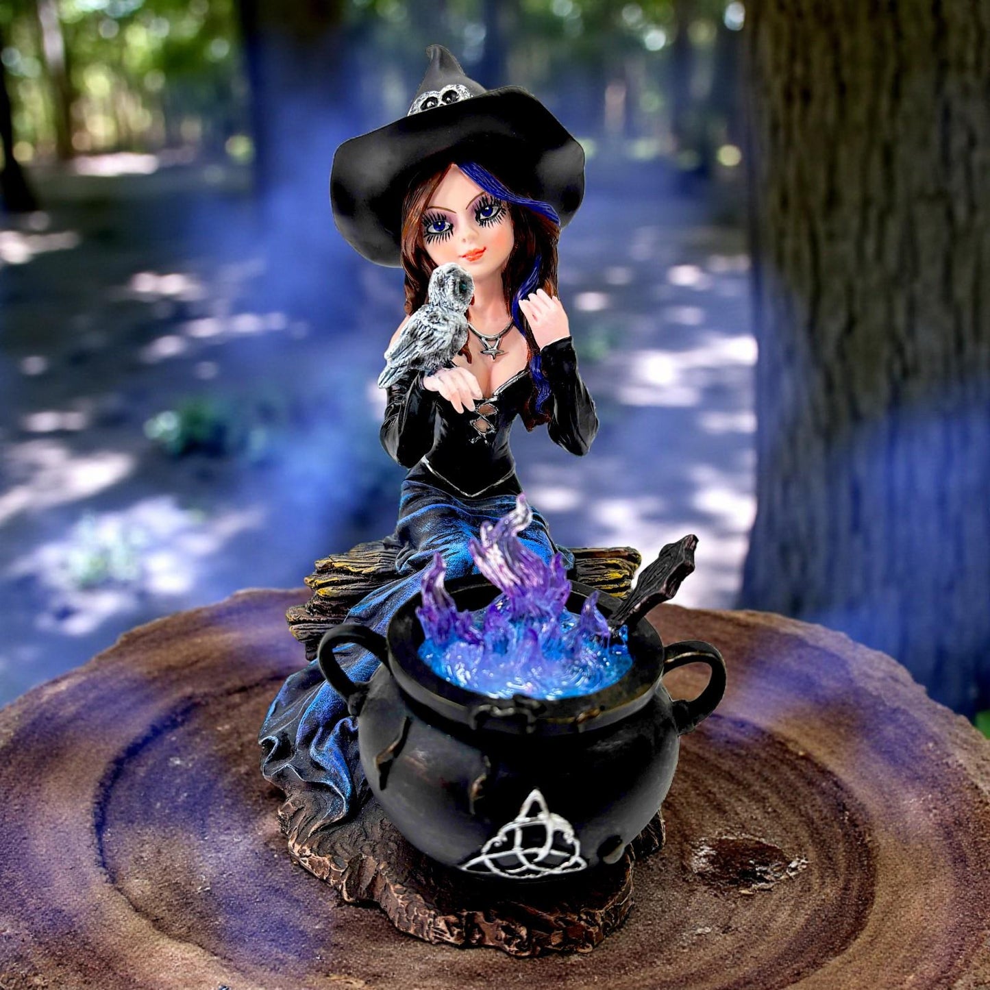 Fantasy Witch with Owl and Cauldron Figurine Cute Gothic Wiccan Ornament Gift