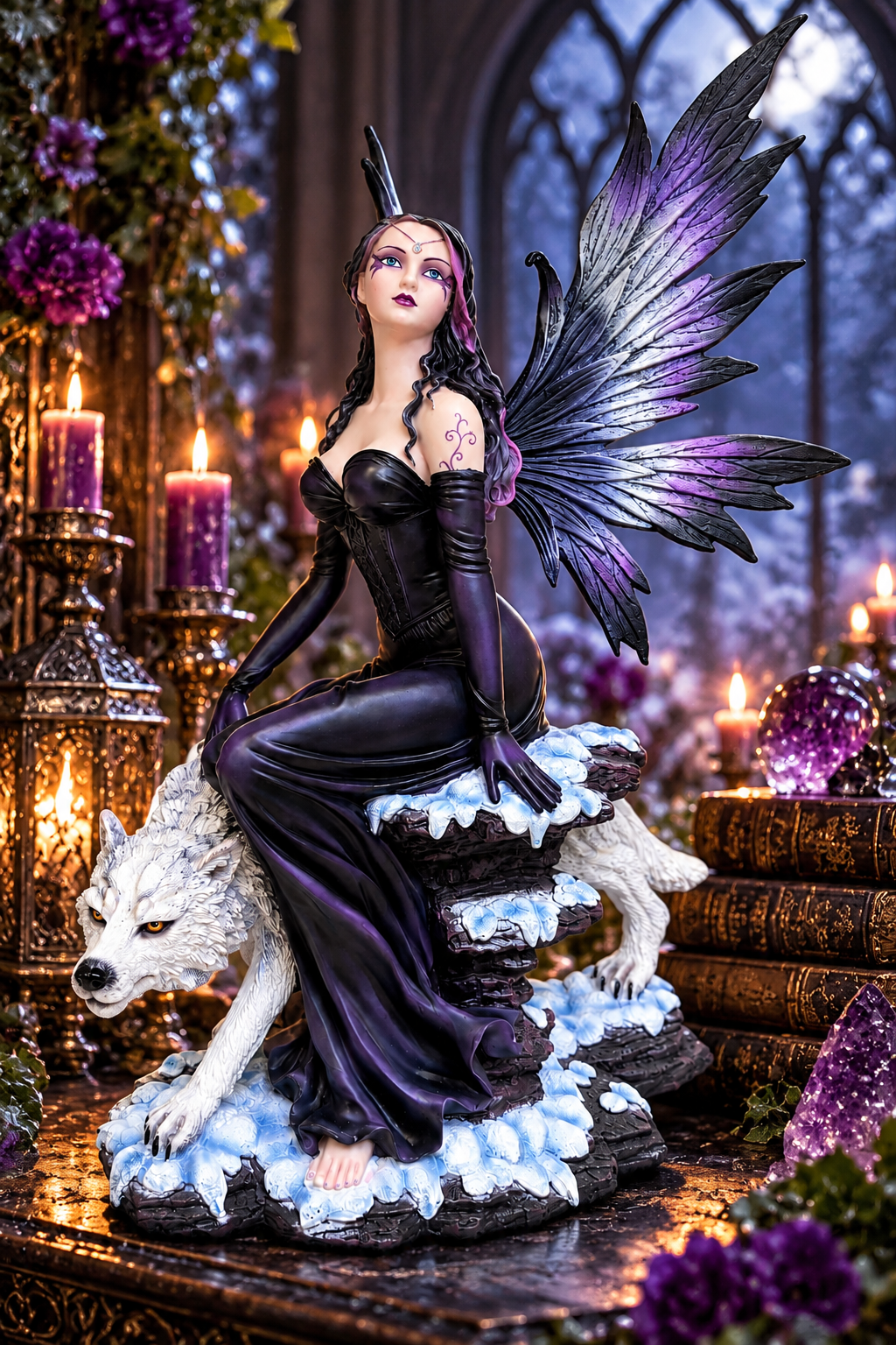 Gothic Fairy with White Wolf Figurine 50cm Dark Fantasy Statue Ornament Decor