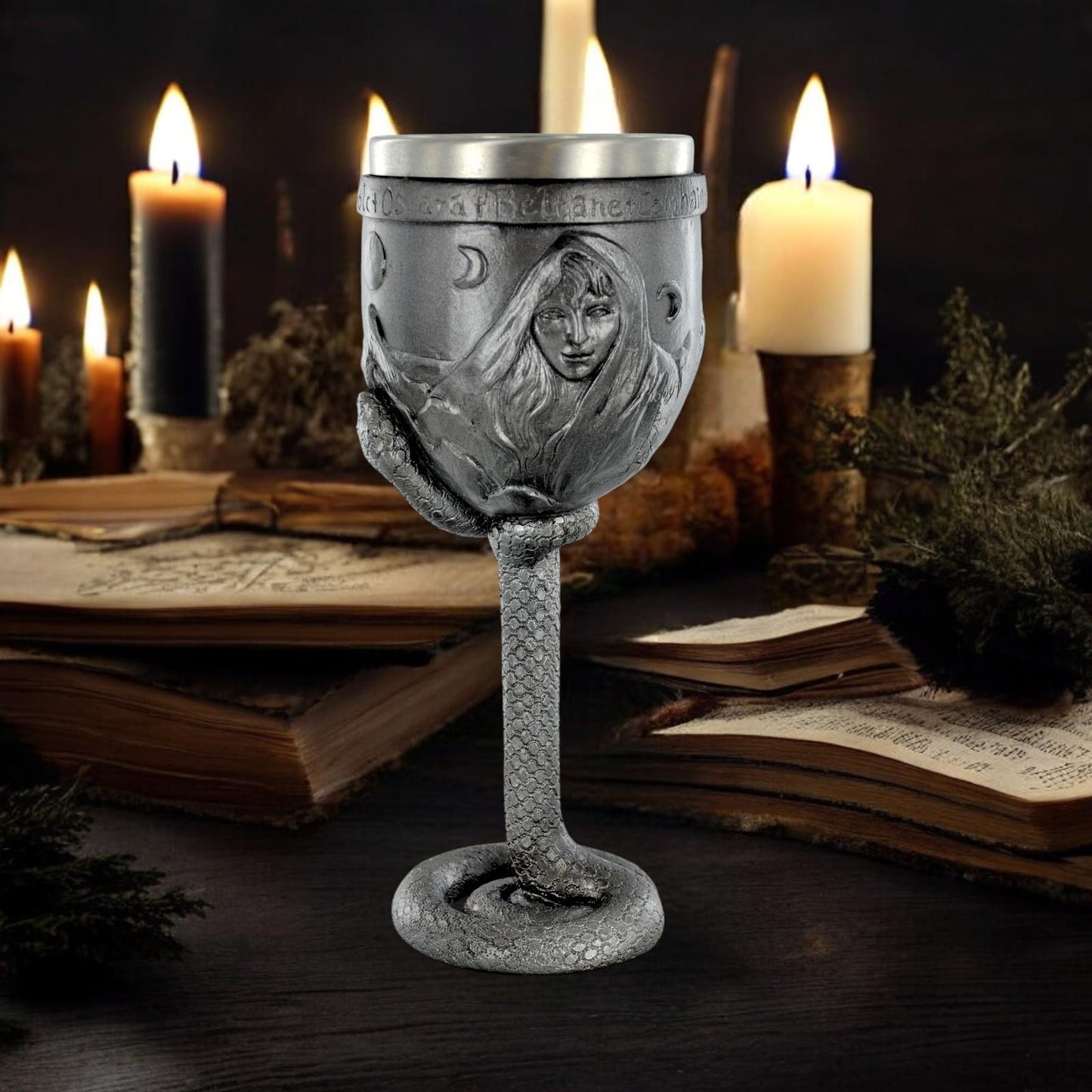 Mystical Witch Goblet – Handcrafted Resin & Stainless Steel Chalice – Enchanting Design by Tina Tarrant, Ideal for Wiccan Rituals, Occult Collectors, and Halloween Decor