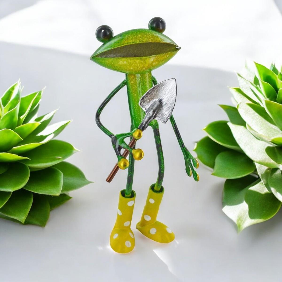 Whimsical Metal Frog Garden Decor - Fun Frog with Trowel & Polka Dot Boots - Enamel Painted Figurine - 16cm