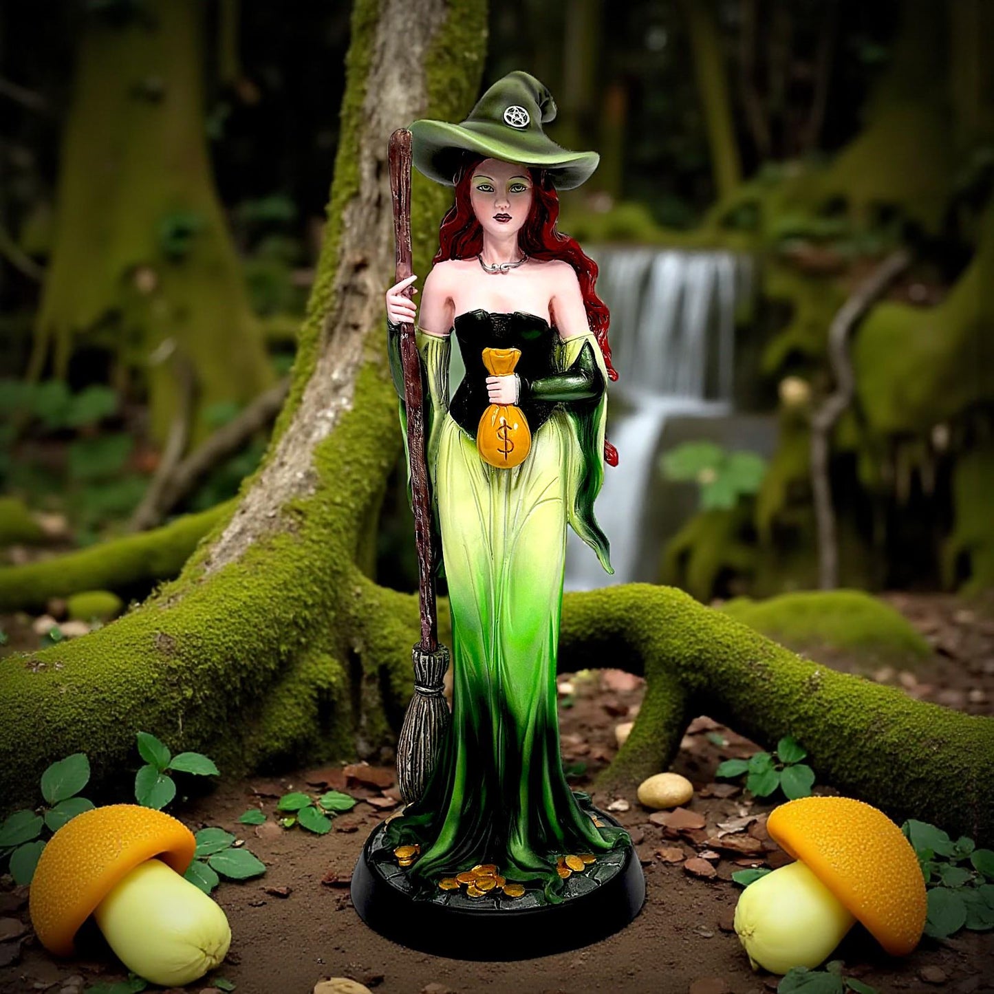 Prosperity Fantasy Witch Figurine with Broom and Gold Bag Gothic Wiccan Statue