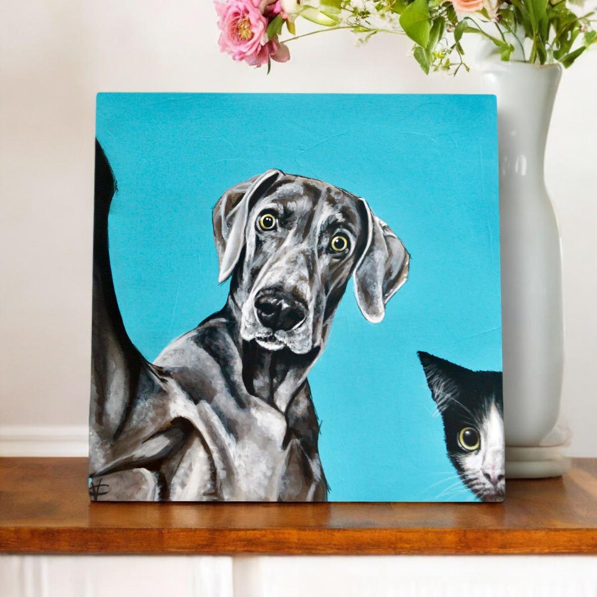 Selfie Ceramic Art Tile by Victoria Coleman 20x20 cm Cute Dog & Cat Design-Osiris Craftworks