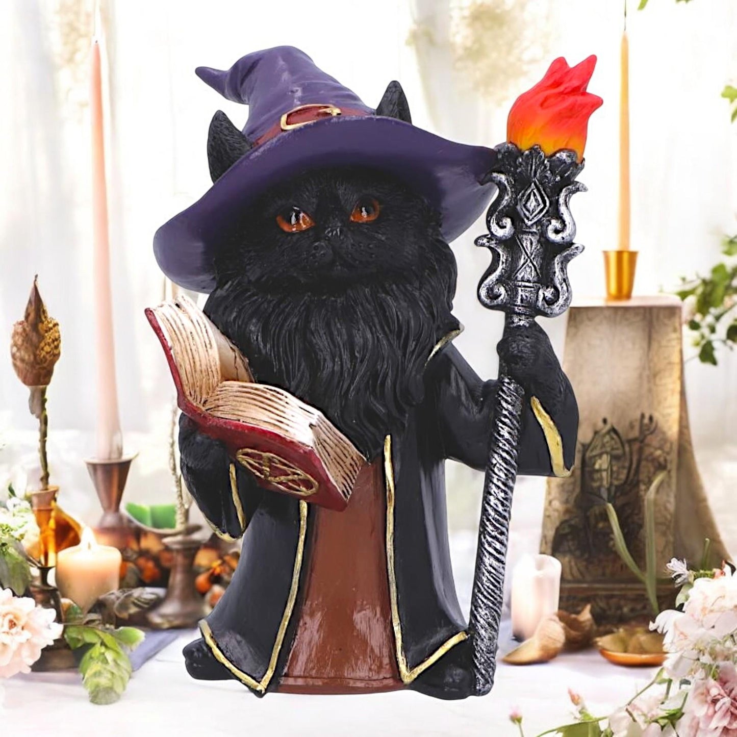 Black Wizard Cat Figurine Mystic Witchcraft Statue Fantasy Gothic Spellcaster Ornament