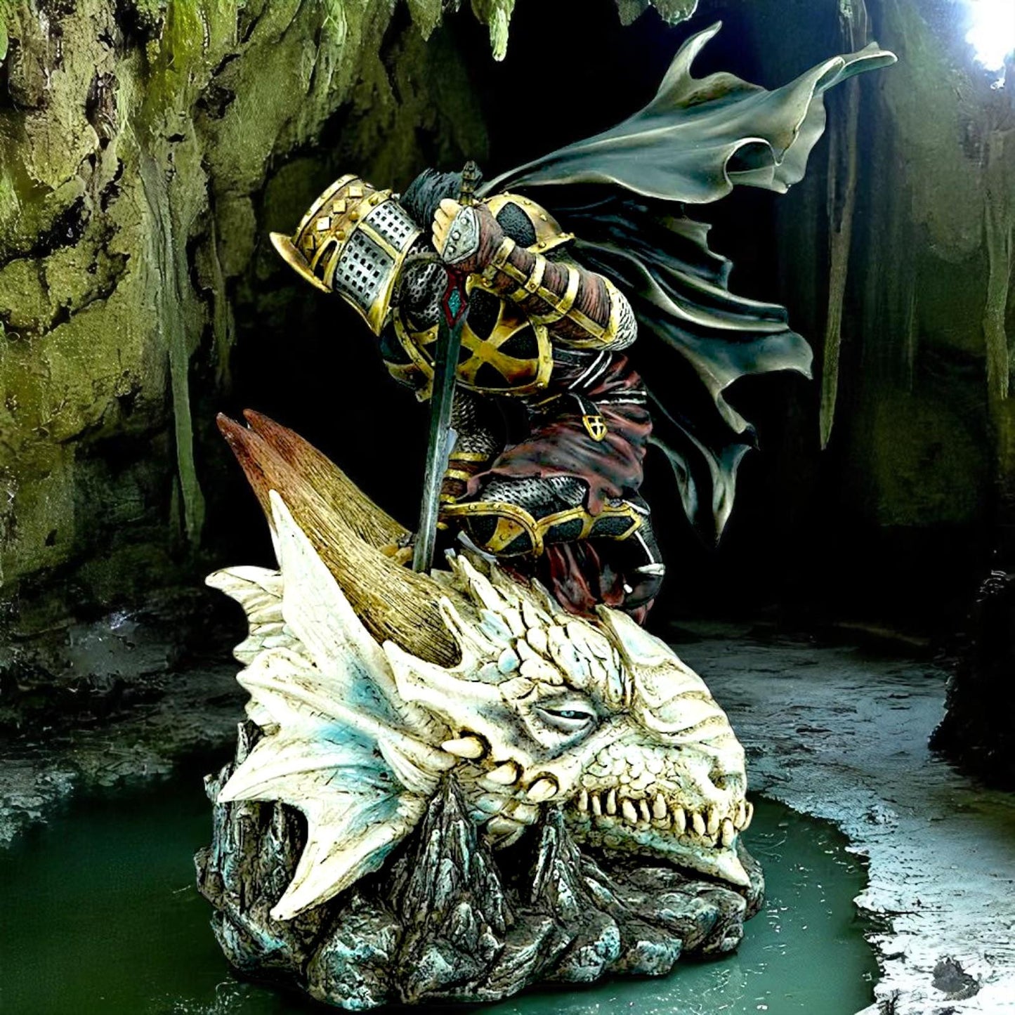 Fantasy Medieval Knight Slaying Dragon Figurine Mythical Battle Warrior Statue Art