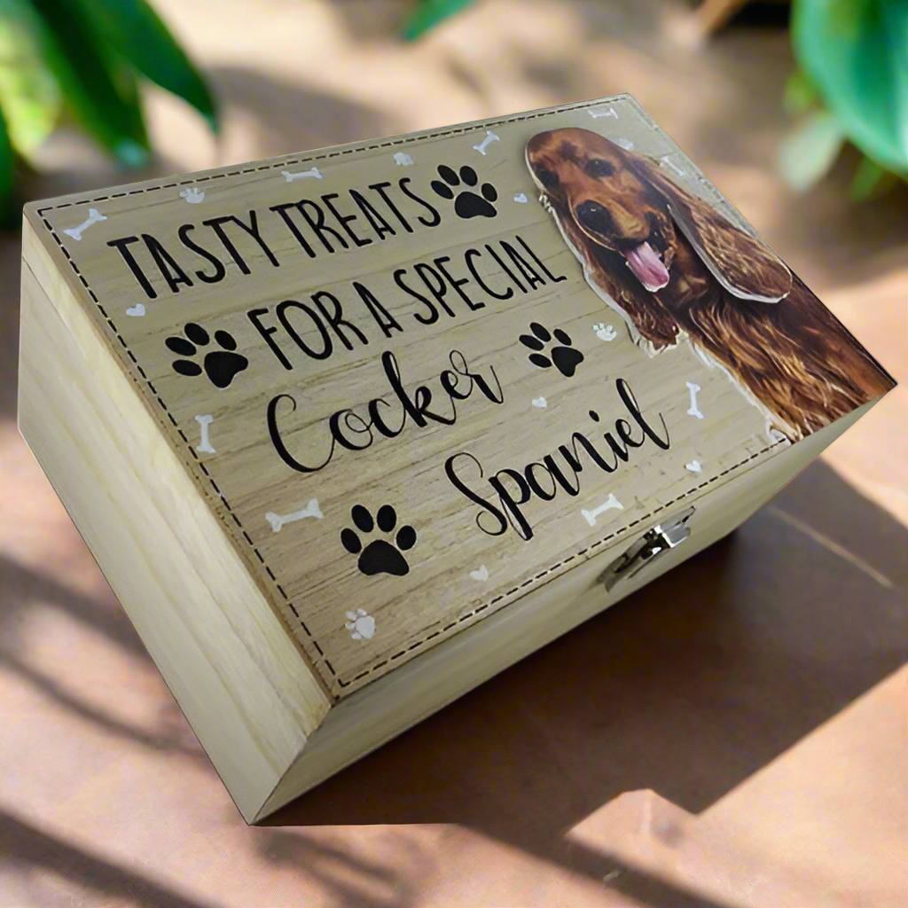 Wooden Cocker Spaniel Treat Box - Personalized Pet Treat Storage for Dog Lovers