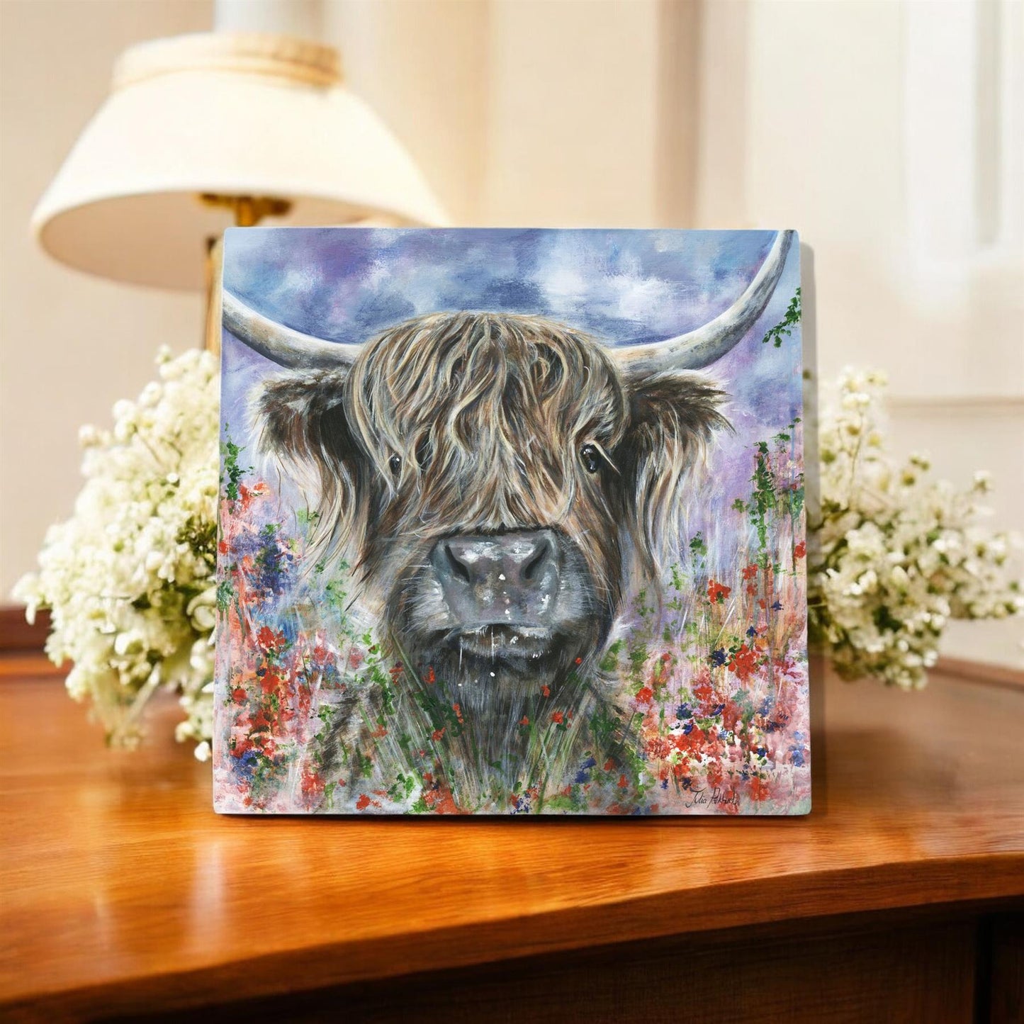 TEDDY HIGHLAND COW Ceramic Art Tile by Pankhurst Gallery 20X20 cm - Ready to Hang - Beautiful Gift