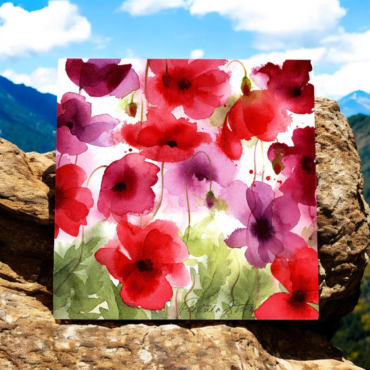 Poppies Ceramic Tile Wall Art P Stone 20x20cm Decorative Plaque Home Decor-Osiris Craftworks