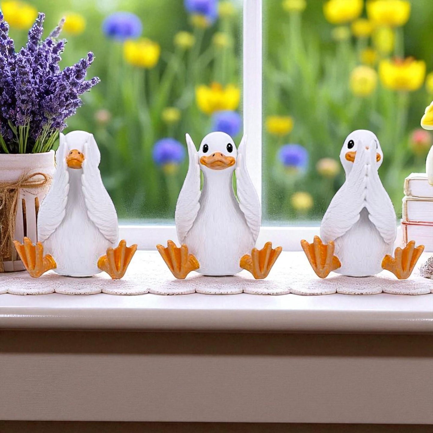 3 Wise Goofy Geese Figurines See No Hear No Speak No Evil Funny Animal Decor